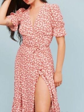 Reformation Pink Floral Wrap Midi Dress